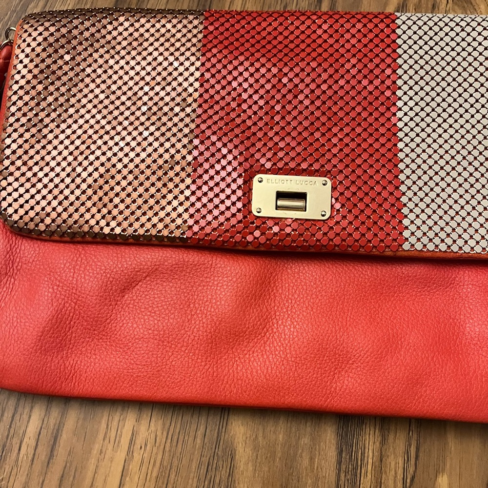Elliott Lucca Red, Silver, and Brown Clutch